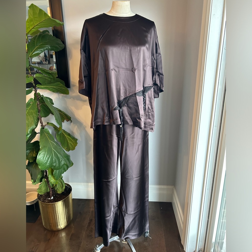 Liviana Conti 2pc top and pant set both size 48 brown with black fringe